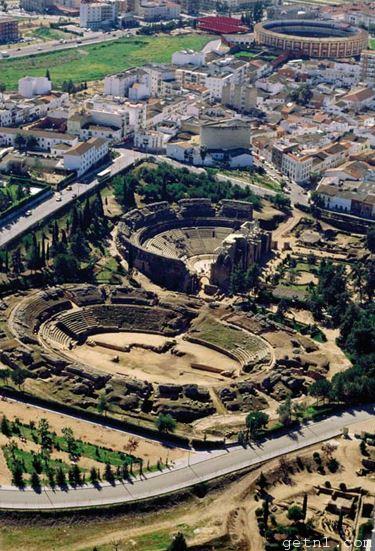 Aerial view of Mérida’s Roman amphitheater, with the theater beyond