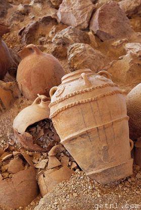 Ceramic vases found at the ancient site of Akrotiri, Santorini, Greece