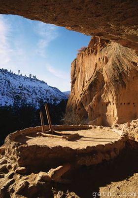 Ladder at the entrance to a rock-hewn kiva, Bandelier National Monument, USA
