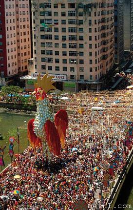Thousands of carnival-goers crowd a bridge in Recife, Brazil