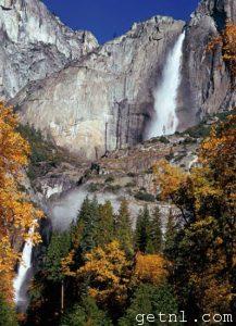 Dramatic Yosemite Falls plunging down the cliffs in Yosemite National Park, California, USA