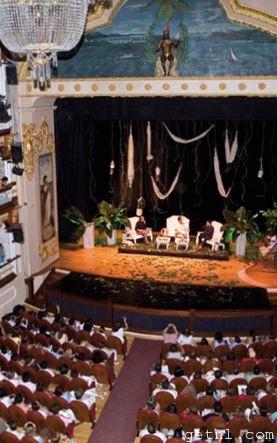 Literary discussion taking place inside the Teatro Heredia, Cartagena