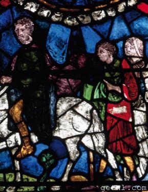 Medieval pilgrims, shown traveling on foot and horseback, in one of Canterbury Cathedral’s beautiful stained-glass windows