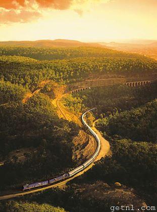 One of the world’s longest train journeys, the Indian Pacific Railway, crossing the scenic Blue Mountains