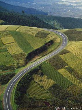 Pan-American Highway meandering through quilted wheat fields, near Quetzaltenango, Guatemala