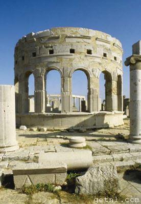 The monumental Roman ruins at Leptis Magna on the North African coastal route in Libya