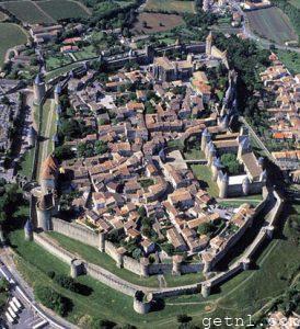 Aerial view of the walled city of Carcassonne, France